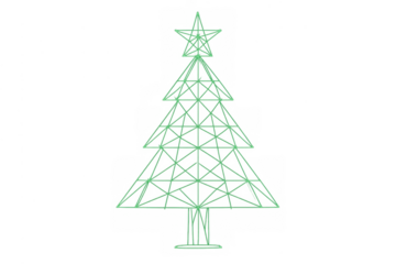 Christmas tree glowing green geometric lines icon with a star, celebrating winter holiday season on transparent background
