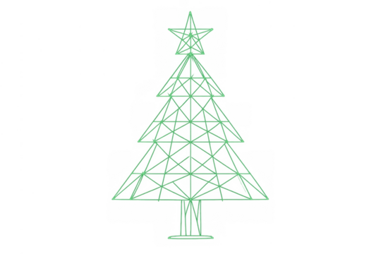 Christmas tree glowing green geometric lines icon with a star, celebrating winter holiday season on transparent background