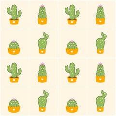 A cheerful and whimsical seamless pattern featuring a variety of cartoon-style cacti in orange pots, each adorned with a small white heart. The cacti are green and some have small pink flowers.