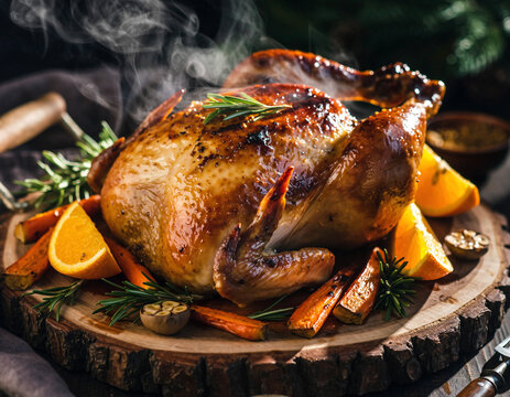 Festive Food Golden Roasted Turkey / Chicken with Potatoes and Carrots on Rustic Wooden Table for Christmas Dinner / Thanksgiving