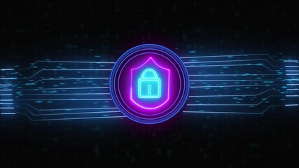 Neon shield and padlock icon with glowing circuit lines on a dark digital grid animated background security. futuristic digital circuit design, glowing security symbol, advanced cyber protection. - Powered by Adobe