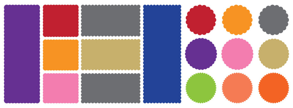 Geometric shapes with scallop and zigzag edges set.  Zig zag edge circle, square, rectangle, round shape collection. Isolated elements for design of text box, badge, banner. 