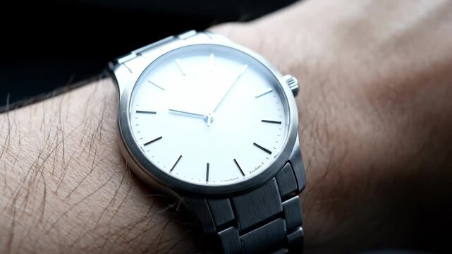 A silver watch on a wrist displaying the time up close