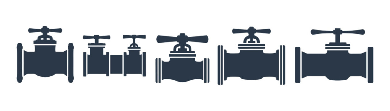 Industrial pipeline gate valves. Different types of faucet regulators silhouette icons set.