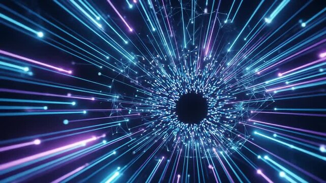 Futuristic abstract high-speed tunnel with light streaks and central singularity creating a sense
