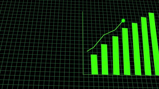 Green Bar Graph and Line Chart Showing Upward Trend on animation Black Grid Background image photo. Upward-trending green bar and line graphs animate smoothly, great for finance reports or dashboards.
