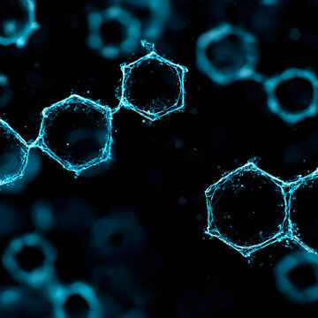 3D abstract neon rendering of transparent hexagonal rings symbolizing cyclodextrin molecular structure
