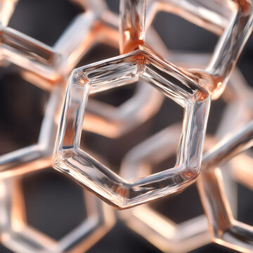 3D abstract neon rendering of transparent hexagonal rings symbolizing cyclodextrin molecular structure