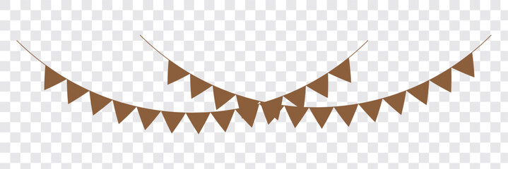 Colorful Party Flags With Confetti And Ribbons Falling On Transparent Background. Celebration Event & Happy Birthday. Multicolored. Vector illustration Gold and Violet color. EPS 10.