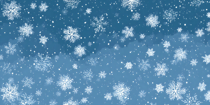 White snow falling on sky blue background seamless pattern. Flat style snowfall repeating texture for christmas greeting card or banner. Vector eps8 illustration.