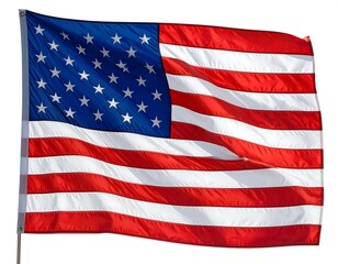 A vibrant, waving rectangular textile, displaying alternating red and white stripes with a blue field containing white stars. The flag flutters against white