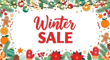 Vibrant winter sale banner with festive decorations, perfect for holiday promotions and seasonal offers bringing warmth and cheer to your marketing campaign