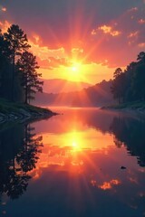 Obraz premium Serene sunrise over a tranquil lake, reflecting the spiritual connection between nature and the divine Perfect for meditation, peace, and faith-based projects , clouds, dawn