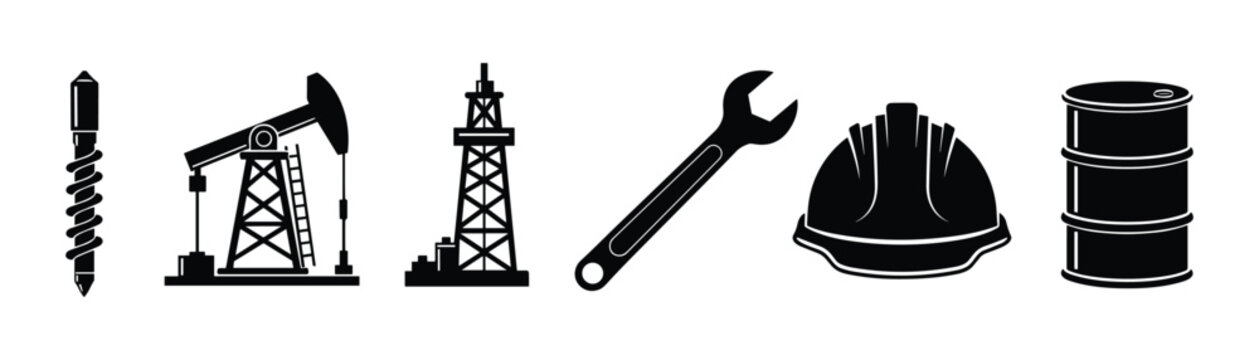 Oil industry tools and equipment. Drill, pump, wrench, and hard hat icon set.