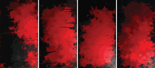 Set of abstract grunge texture background in blood red and black, featuring explosive ink splatters, distressed edges, and smoky haze effects — vector panel collection