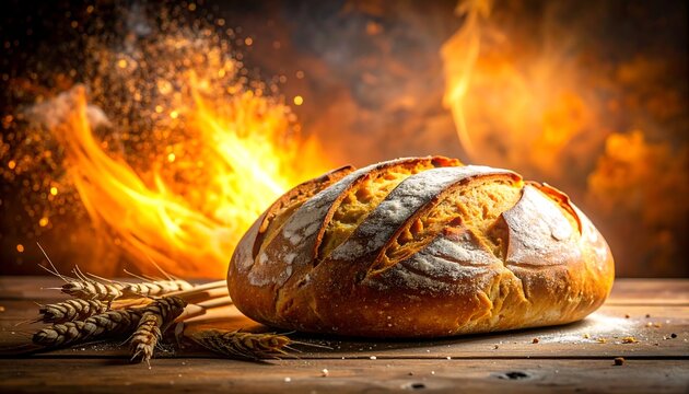 A golden loaf with flour dust and wheat stalks sits before a fiery backdrop on wooden planks