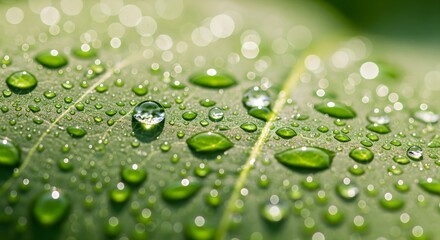 Macro close-up view of water droplets glistening on the textured surface of a bright green leaf.