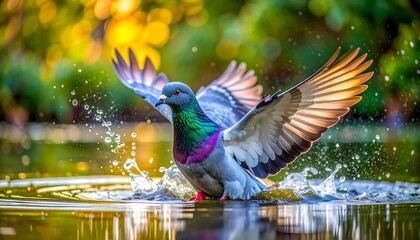 A pigeon splashes and takes flight from water, backlit, with iridescent neck feathers