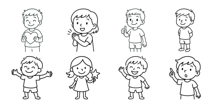 Collection of cheerful cartoon children poses and expressions