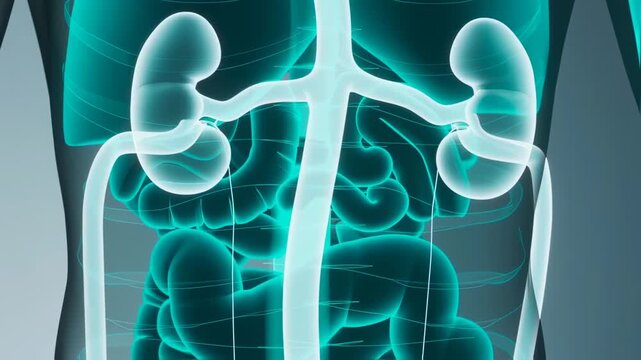 Rendered 3D of human organs; kidneys, colon, and other internal organs