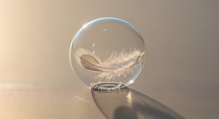 Clear glass sphere containing a single white feather rests on a smooth, reflective surface with warm side lighting.