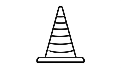 A simple black line art drawing of a striped conical traffic cone against a white background