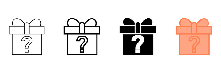 Set of minimalist mystery gift box icons with transparent background, depicting unknown prize symbols for games, promotions, rewards, and user interfaces, vector illustration
