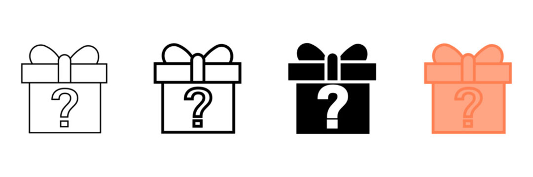 Set of minimalist mystery gift box icons with transparent background, depicting unknown prize symbols for games, promotions, rewards, and user interfaces, vector illustration