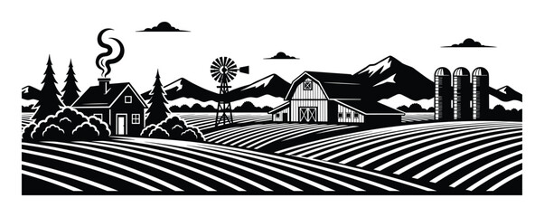Rural farm landscape with barn fields house silos windmill design element