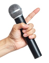 A hand holds a microphone, pointer finger extended, isolated on white, ready to speak or sing
