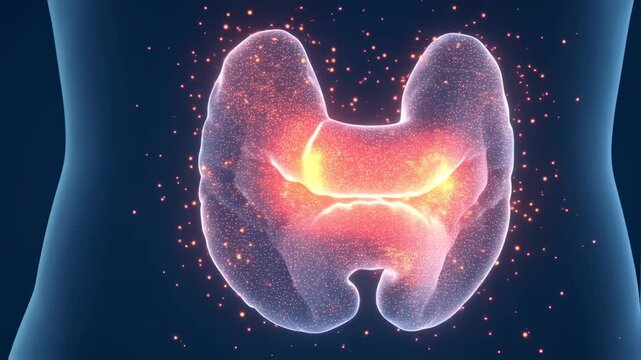 A glowing, translucent thyroid illustration in a human body representation