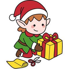 Cartoon Elf Wrapping Gift