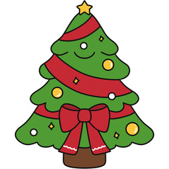 Cartoon Christmas Tree with Ribbon and Decorations