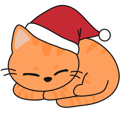 Cartoon Sleeping Orange Cat Wearing Santa Hat