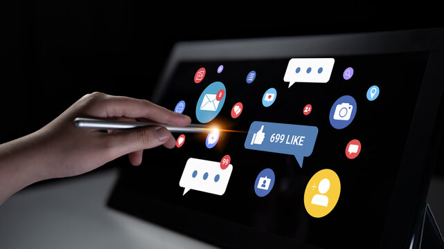 Multiple social media icons, likes, messages, and notifications representing online interaction, engagement, and digital communication Parse