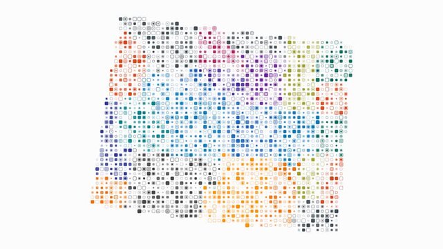 Wyoming animated shape. Pulsating colored dots on the map of the state. Small size rounded square blocks. Digital style Wyoming map on white background. Awesome animation video.