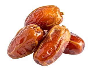 A pile of five brown, glossy dates are centered on a white background, stacked closely together