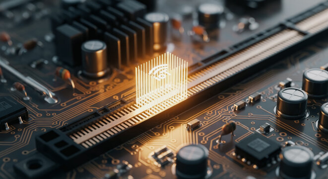 A close-up photograph showcasing the intricate details of a computer motherboard, highlighting the complexities of modern technology, circuits, and the advancement of electronics.