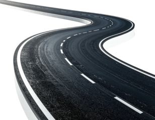 A winding asphalt road with white lines curves towards an unseen destination