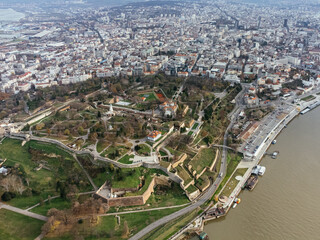 Fototapeta premium Aerial top view to Kalemegdan fortress at Belgrade. Summer photo from drone. Serbia.