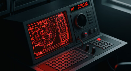 A futuristic control panel with a glowing red display, showcasing intricate technical data and information. the panel's design, with its sharp angles and advanced interfaces.