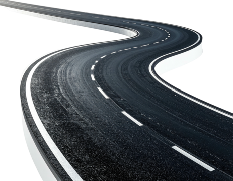 A winding asphalt road with white lines curves towards an unseen destination - Powered by Adobe
