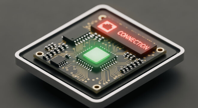 An intricate and detailed close-up shot of a modern microchip displaying a clear connection status. A complex arrangement of digital components comes to life. - Powered by Adobe