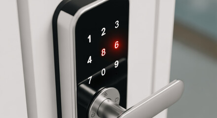 A close-up shot of a modern digital door lock with illuminated numbers and a sleek design, highlighting security and technology.