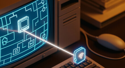 An vintage PC monitor in a vintage setting that show a digital connection with a wifi icon.
