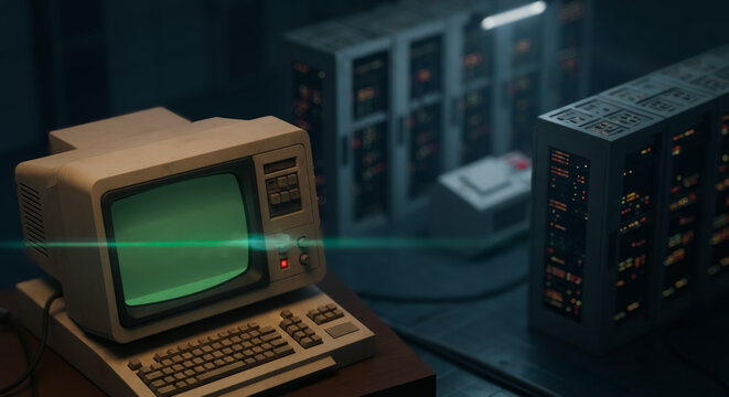 A nostalgic glimpse into the past: a vintage computer setup with an old-fashioned monitor, keyboard, and server cabinets, hinting at a forgotten era of technological innovation.