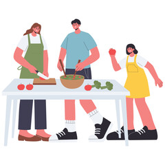 Healthy Families Illustration. Vector illustration of Parents and child prepare fresh salad in the kitchen, slicing vegetables and mixing together. Isolated on background