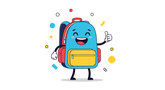 A cheerful cartoon backpack gives a thumbs up with confetti all around