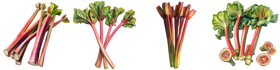 Rhubarb stalks – The long red-green stalks of rhubarb typically used in pies and desserts. Isolated on Clear White Background Highly Detailed