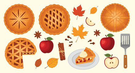 Autumn baked goods featuring apple pies and fall decorations